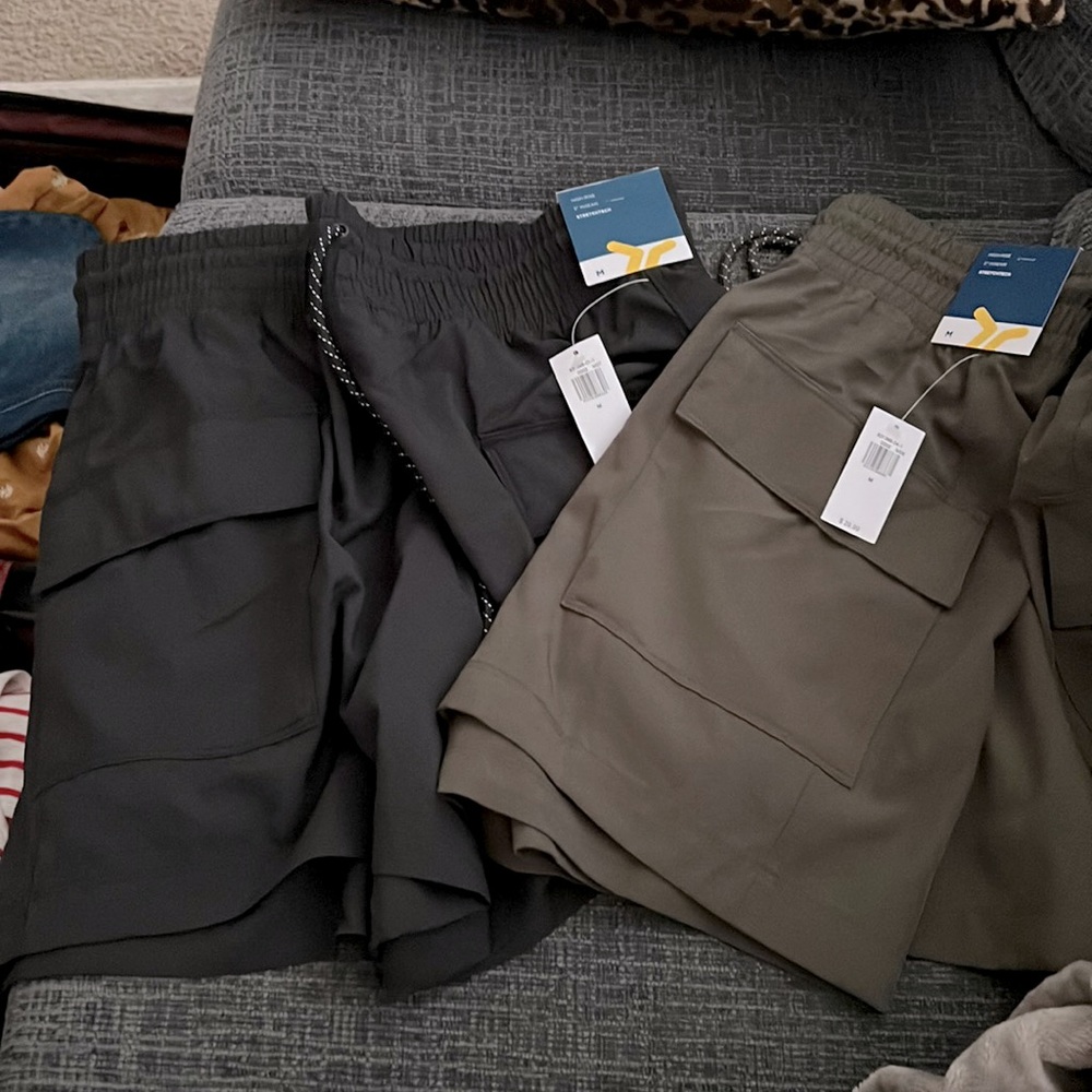 BNWT, (2) Old Navy, Medium, high-rise shorts, black/olive green. $11 for BOTH